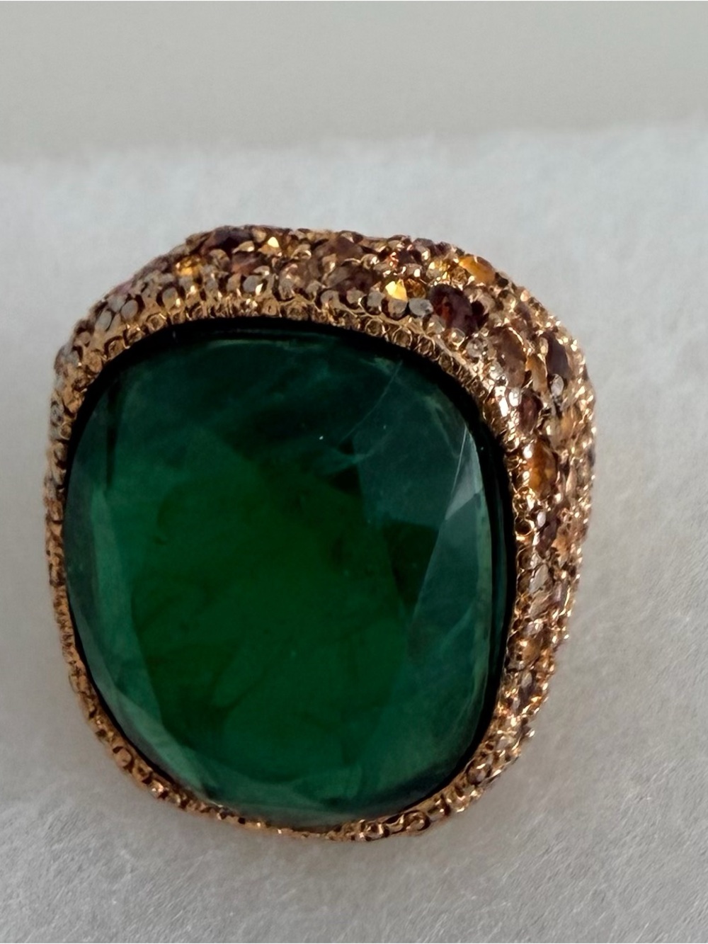 Kenneth Jay Lane Gun Metal Huge Faceted Emerald Green Chrystal Cocktail Ring